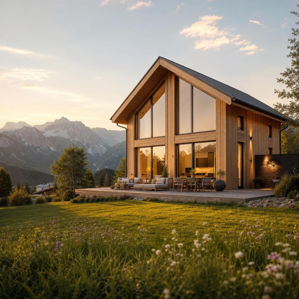 Modernes Fertighaus mit Holzfassade und Glasfront in alpiner Wiesenlandschaft bei Abendsonne