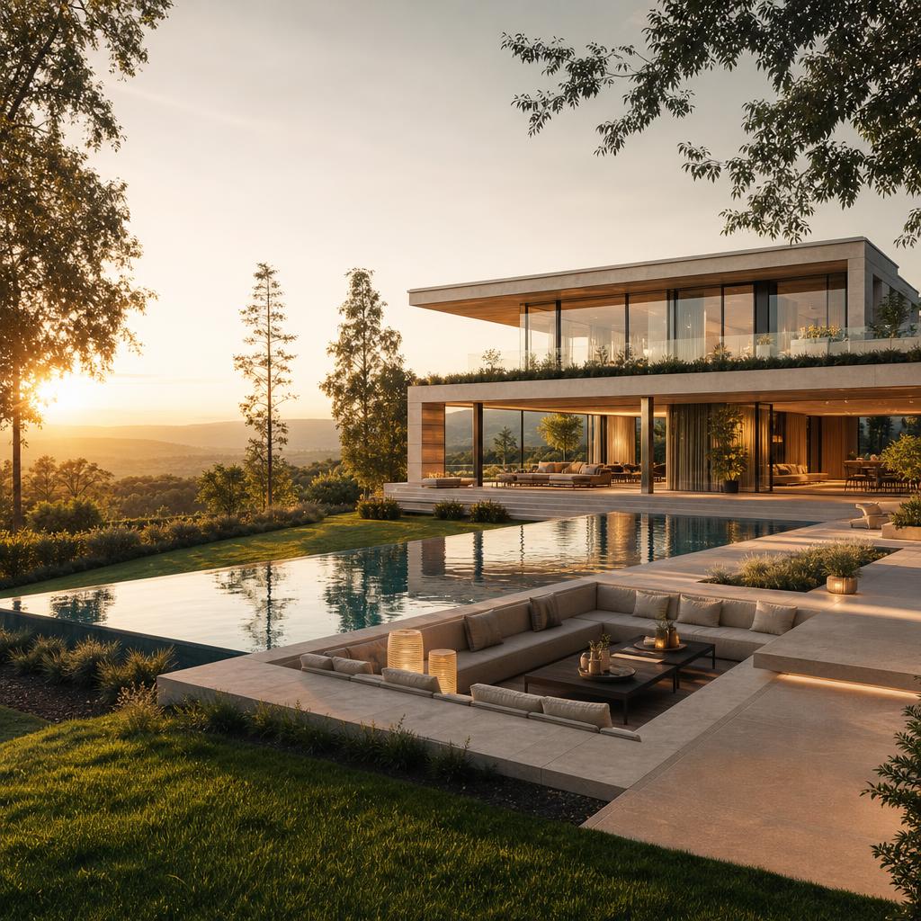Off-Market Luxusvilla in Deutschland mit Infinity-Pool und Glasfront bei goldenem Abendlicht