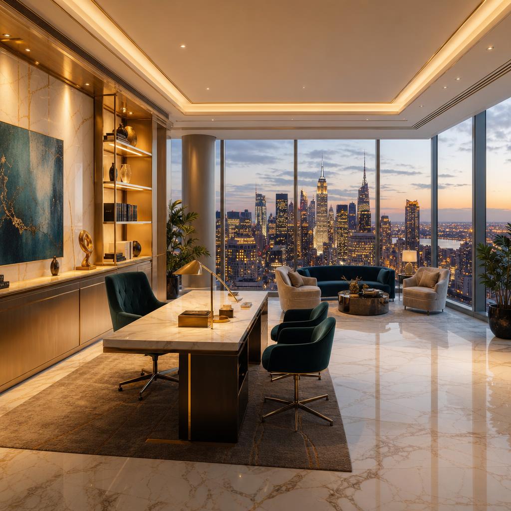 Exklusives Penthouse mit Skyline-Blick bei Dämmerung – Sinnbild für Private Office und Immobilien-Tokenisierung