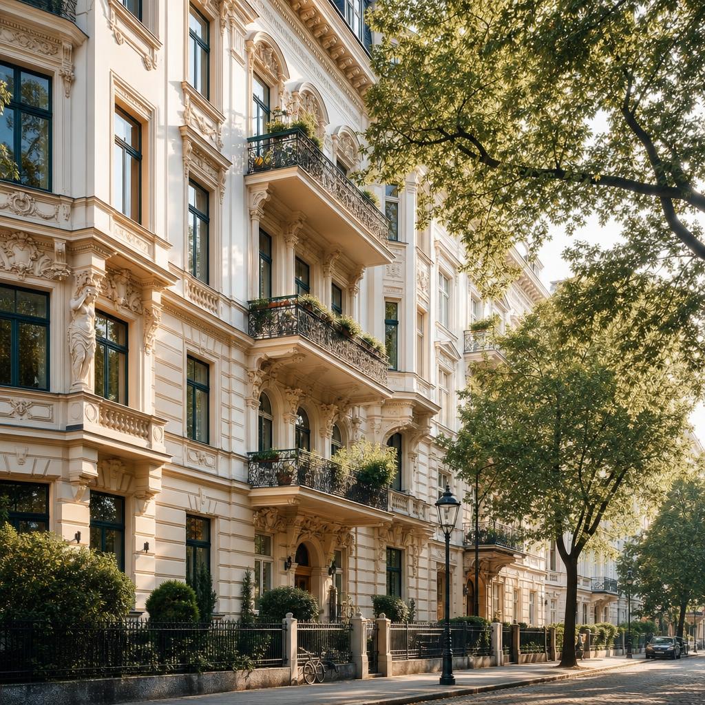 Renditeimmobilie: klassisches Altbau-Mehrfamilienhaus an baumgesäumter Allee im Morgenlicht