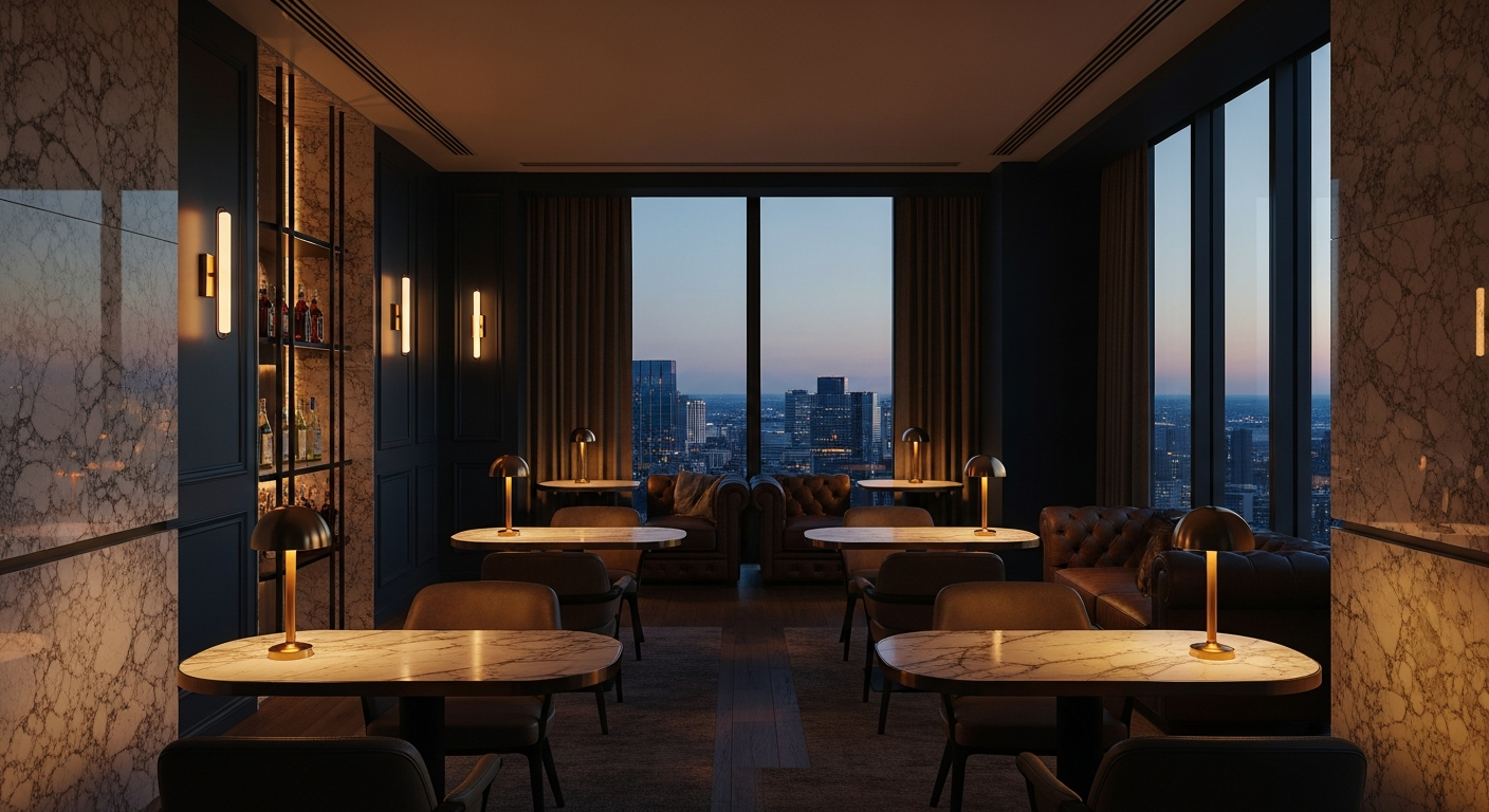 Exklusive Private-Office-Lounge bei Nacht